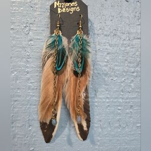 New! Long Feather Earrings Drop Chain Crystal Charm Handcrafted Boho Jewelry